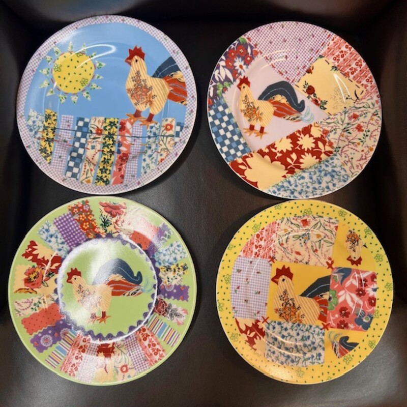 Set of 4 Patchwork Rooster App Plates
Yellow Blue Multicolored Size: 8.5diameter