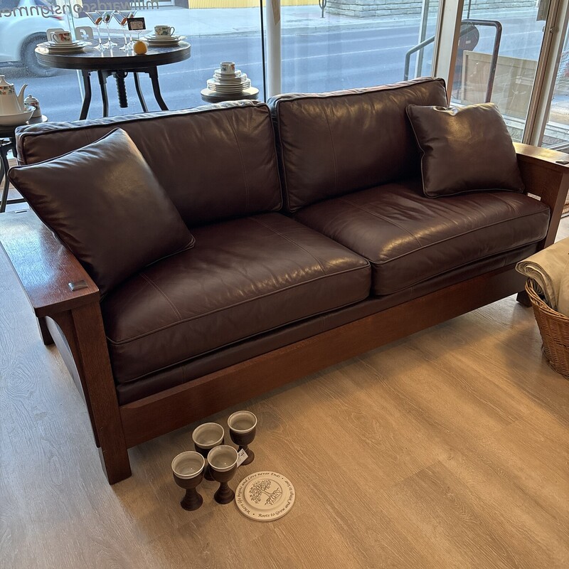 Stickley Mission Style Leather Sofa<br />
Orchard Street<br />
Brown<br />
Size: 82W X 37DX33H In<br />
Ormes Current Asking Price $15089.00