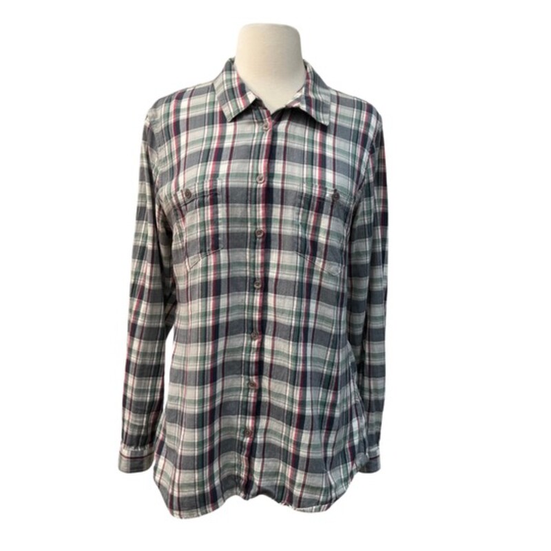 Horny Toad Plaid Shirt<br />
Cute Back Detail<br />
98% Organic Cotton 2% Spandex<br />
Colors: Cream, Navy, Gray, Olive, and Red<br />
Size: Medium