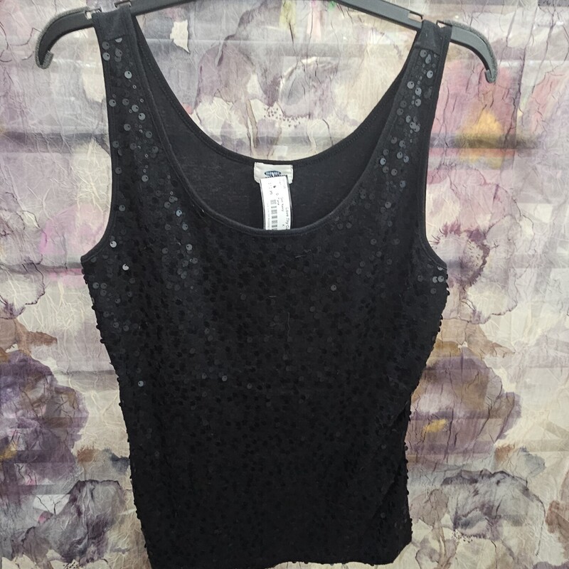 Tank top in black. Front panel is covered in black sequins.