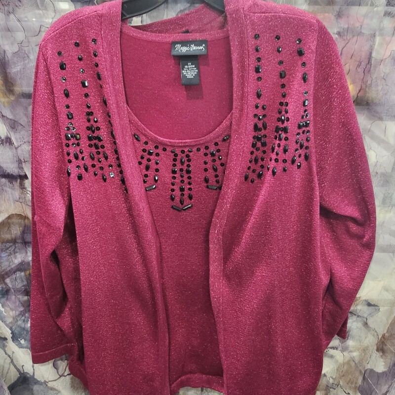 Beautiful twin set with tank and matching cardigan. Burgandy and shimmery with bead work. Can be worn as separates for year round use.