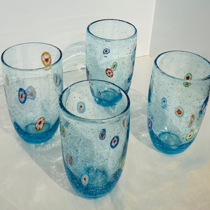 Set of 4 Blown Millefiori Glasses
Blue and multicolored
Size: 3x5.5H