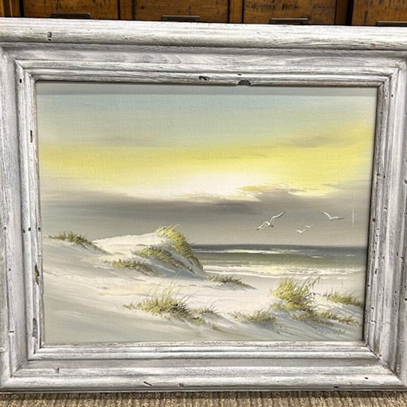Oil Beach Seagull Print
Grey White Yellow Green in White Grey Wood Frame
Size: 26x22H