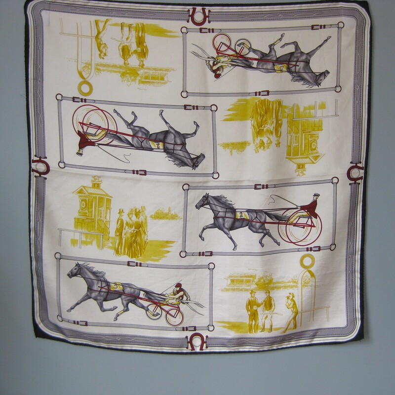 Vtg Equestrian Silk?, White, Size: N
Beautiful Silk Scarf with stunning renditions of harness horse racing images
Horses harnessed to their sulkies
Drivers talking shop
Racing patrons hob knobbing

Black Gray and gold
27 square

Great pre-owned condition, no flaws.
The silk twill is tough, not delicate.
no tags

thanks for looking!
#65693