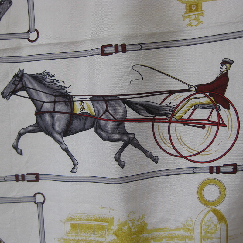 Vtg Equestrian Silk?, White, Size: N<br />
Beautiful Silk Scarf with stunning renditions of harness horse racing images<br />
Horses harnessed to their sulkies<br />
Drivers talking shop<br />
Racing patrons hob knobbing<br />
<br />
Black Gray and gold<br />
27 square<br />
<br />
Great pre-owned condition, no flaws.<br />
The silk twill is tough, not delicate.<br />
no tags<br />
<br />
thanks for looking!<br />
#65693
