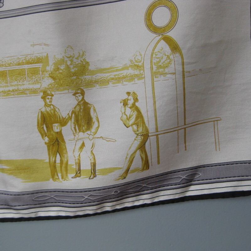 Vtg Equestrian Silk?, White, Size: N<br />
Beautiful Silk Scarf with stunning renditions of harness horse racing images<br />
Horses harnessed to their sulkies<br />
Drivers talking shop<br />
Racing patrons hob knobbing<br />
<br />
Black Gray and gold<br />
27 square<br />
<br />
Great pre-owned condition, no flaws.<br />
The silk twill is tough, not delicate.<br />
no tags<br />
<br />
thanks for looking!<br />
#65693