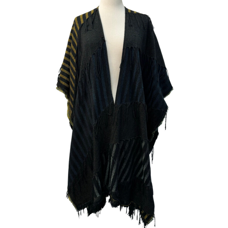 World Market Ruana<br />
Stripe Pattern with Fringe Detail<br />
Black, Yellow and Gray<br />
One Size