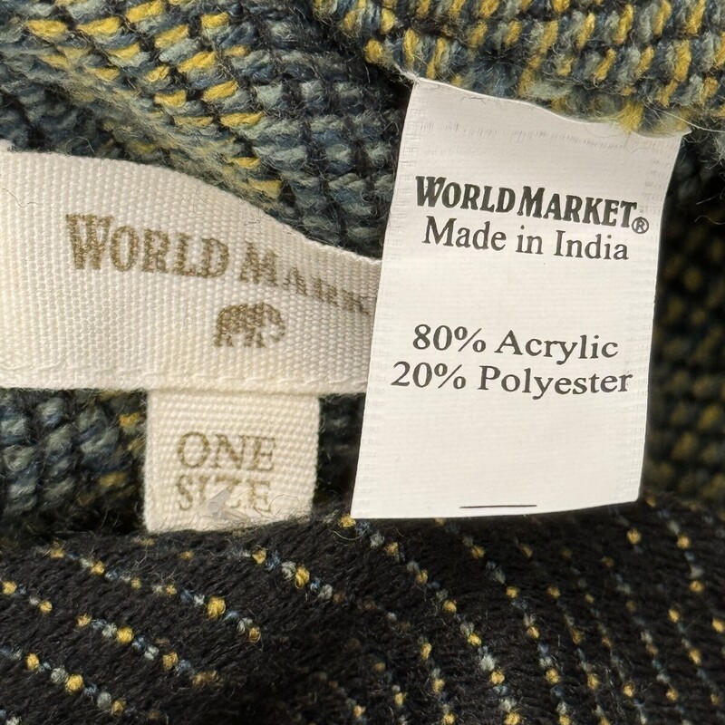 World Market Ruana
Stripe Pattern with Fringe Detail
Black, Yellow and Gray
One Size