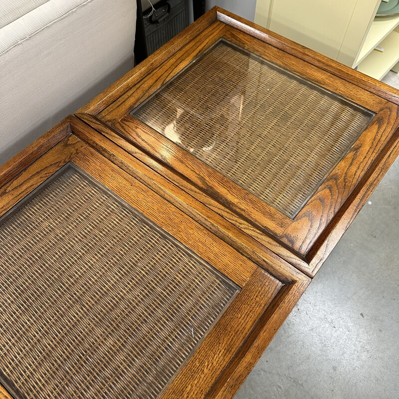Two Wicker/Wood Tables, 1 Drawer with glass top. Sold as a PAIR.<br />
Size: 16x22x24