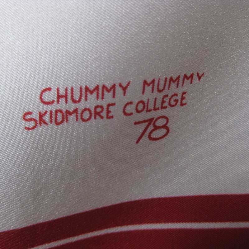 Pretty scarf that was designed as a souvenir for a Skidmore College tradition called Chummy Mummy weekend.  This one was made in Italy of sturdy polyester twill and features elegant ladies and gentleman riding in one horse drawn open carriages.<br />
Gray, dark red and black<br />
Marked and labeled<br />
Aprox 27 square<br />
Excellent condition.<br />
thanks for looking!<br />
#65698