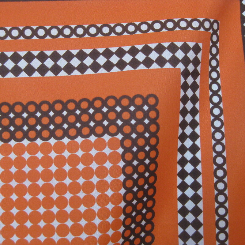 Simple little square bandana from the 1970s in orange and brown and white<br />
24 square<br />
Excellent condition.<br />
thanks for looking!<br />
#65692