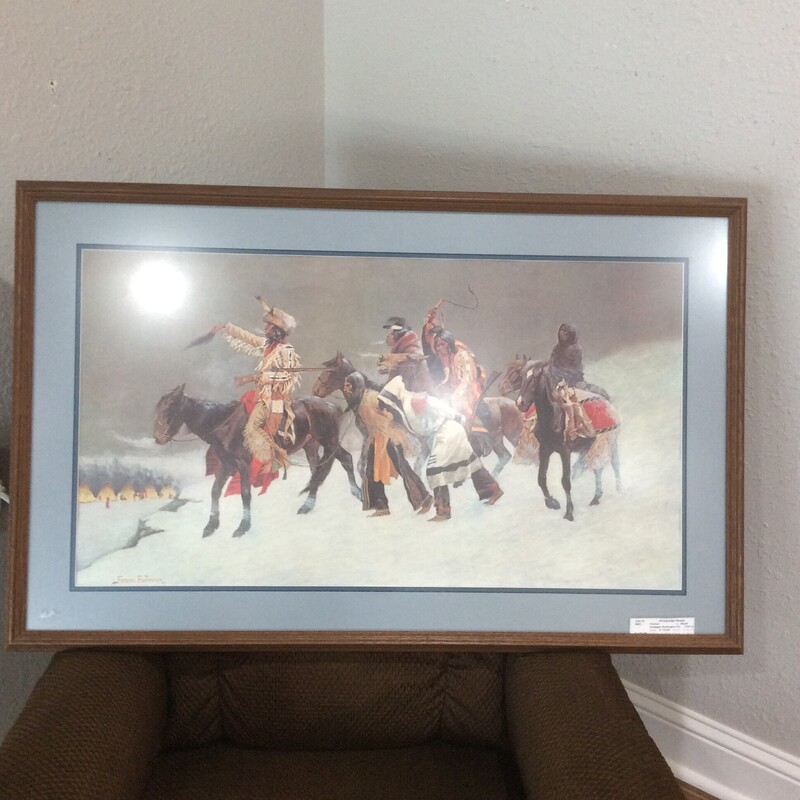 This beautiful print is Hostages by Frederic Remington. He is best known for his painintgs and bronze sculptures of cowboys and the west.