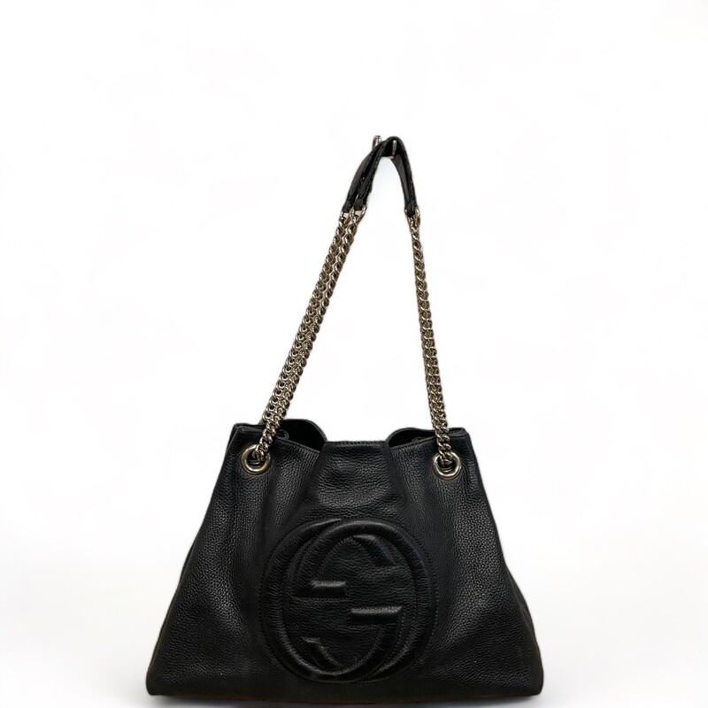 Gucci Soho Tote
Black
Size: OS

Shoulder Strap Drop: 11.75
Height: 10.25
Width: 15.25
Depth: 5.5

Code:308982-204991