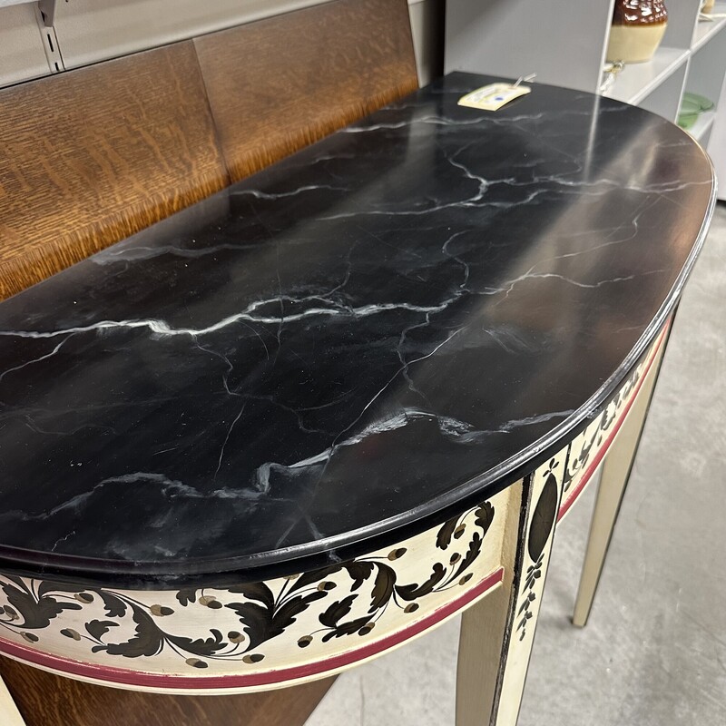 Hand Painted Demi Lune Table<br />
Size: 42L x 19W x 34H