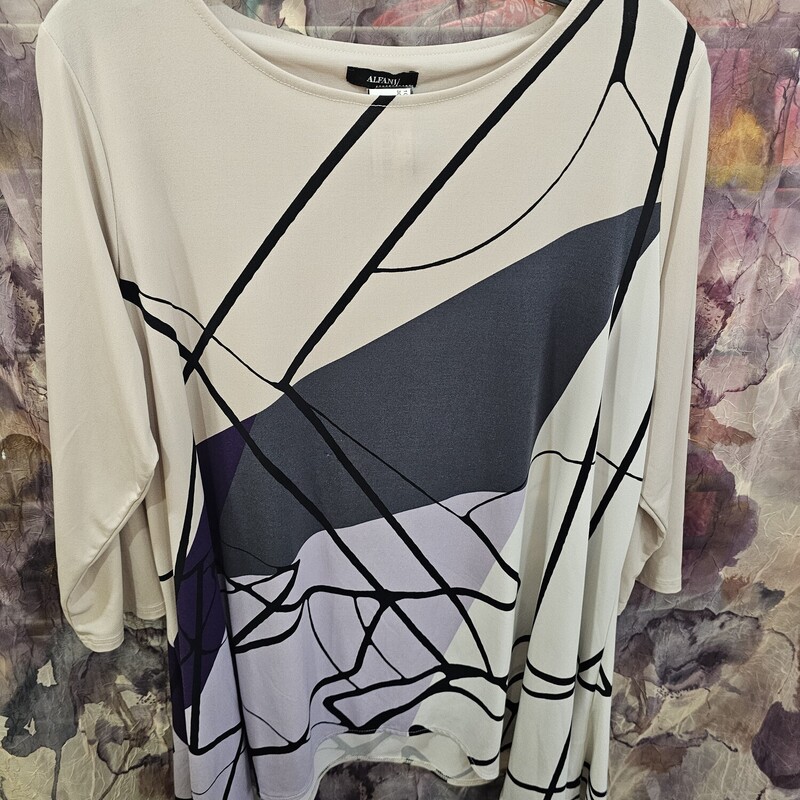 Long sleeve blouse in beige, black white purple and yellow fun print.