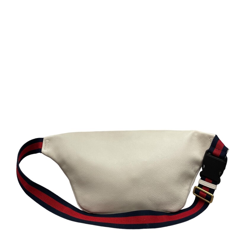 GUCCI Grained Calfskin Logo Belt Bag in White. This belt bag is white leather with a vintage Gucci logo. This bag has a nylon navy and red web belt that can be worn as a belt bag on the hip or waist. The front zipper opens to a beige natural fiber interior.<br />
<br />
Dimensions:<br />
Base length: 9 in<br />
Height: 7.5 in<br />
Width: 2 in<br />
Belt: 46 in