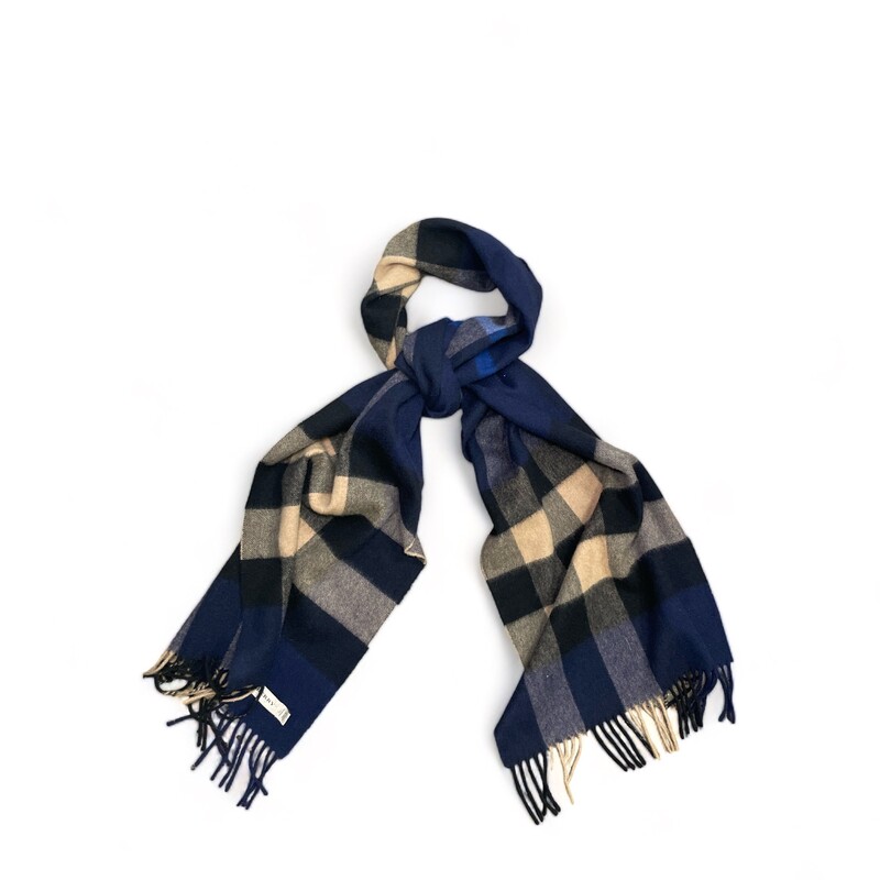 BURBERRY Cashmere Giant Check Fringe Scarf in Blue. The scarf is 100% cashmere in blue with a traditional Burberry check in blue, black and white.
Length: 64.00 in
Height: 12.00 in