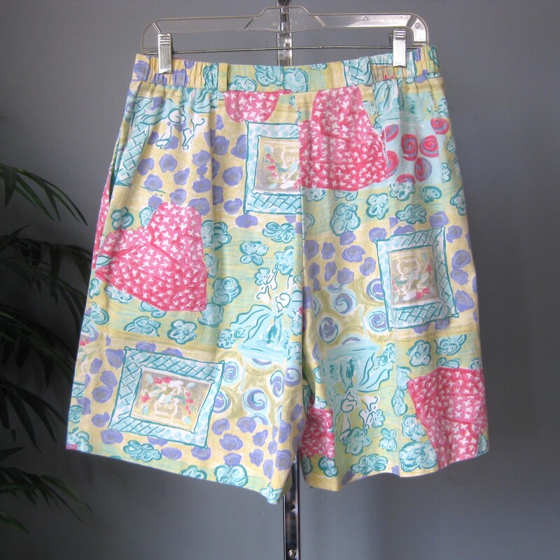 Darling pair of  high waist shorts in a bright abstract print.<br />
By David Smith 100 % Cotton made in the USA.<br />
It has front pockets and a button fly.  The waist band i20.5s partailly elasticized<br />
<br />
Marked size 12, best for a modern medium<br />
Flat measurements, please double where appropriate:<br />
Waist: 14.75<br />
hips: 24<br />
Inseam: 8<br />
Rise: 14.5<br />
Side Seam: 20.5<br />
<br />
Excellent condition, no flaws<br />
thanks for looking.<br />
#69933