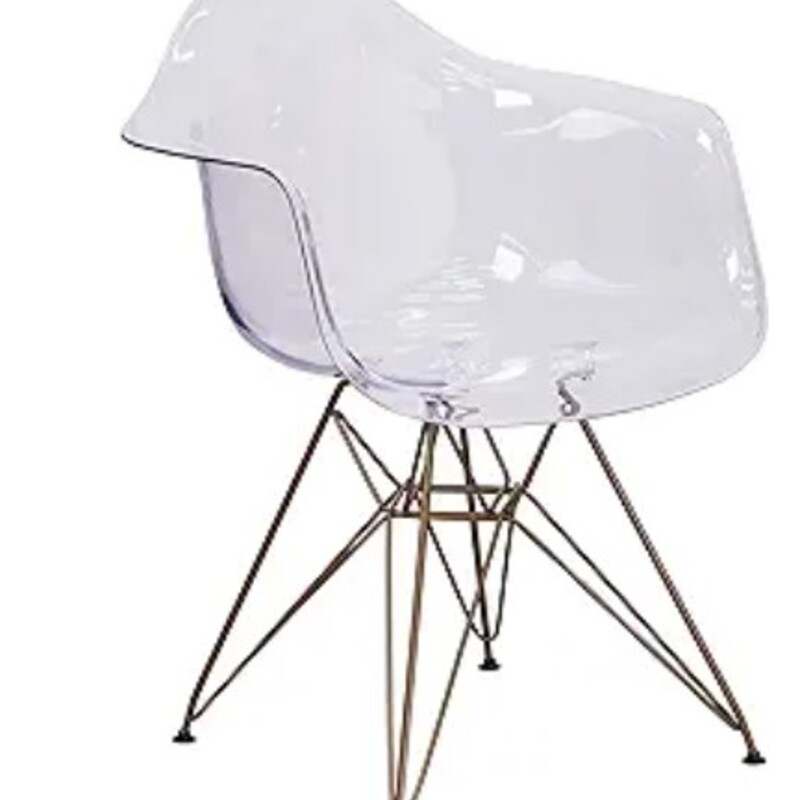 Acrylic Curved Accent Chair
Clear Transparent Acrylic with Gold Metal Legs
Size: 24x24x31.5H
As Is- Minor Surface Blemish on Outer Arm Edge