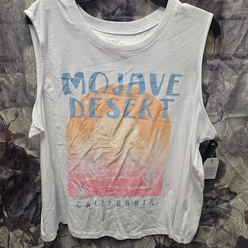Sleevless white tee with fun graphic of Majave Desert on front. Brand new with tags