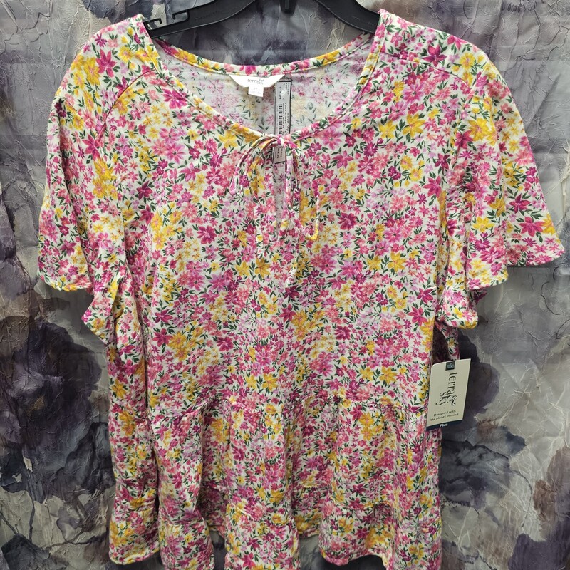 Brand new with tags, short sleeve blouse in cream with fun yellow pink and green floral print.