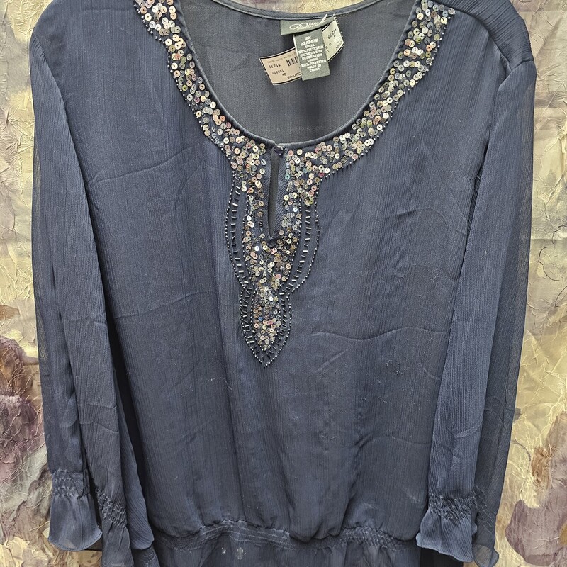 Beautiful blouse in navy with sheer sleeves and silver sequin and beadwork.