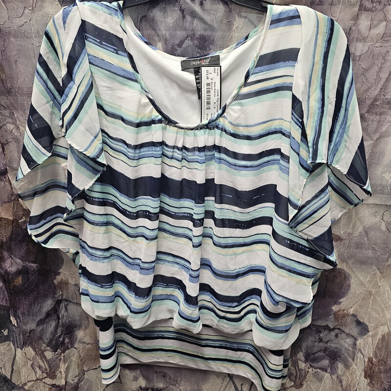 Double layer short sleeve blouse in navy teal and white stripe.