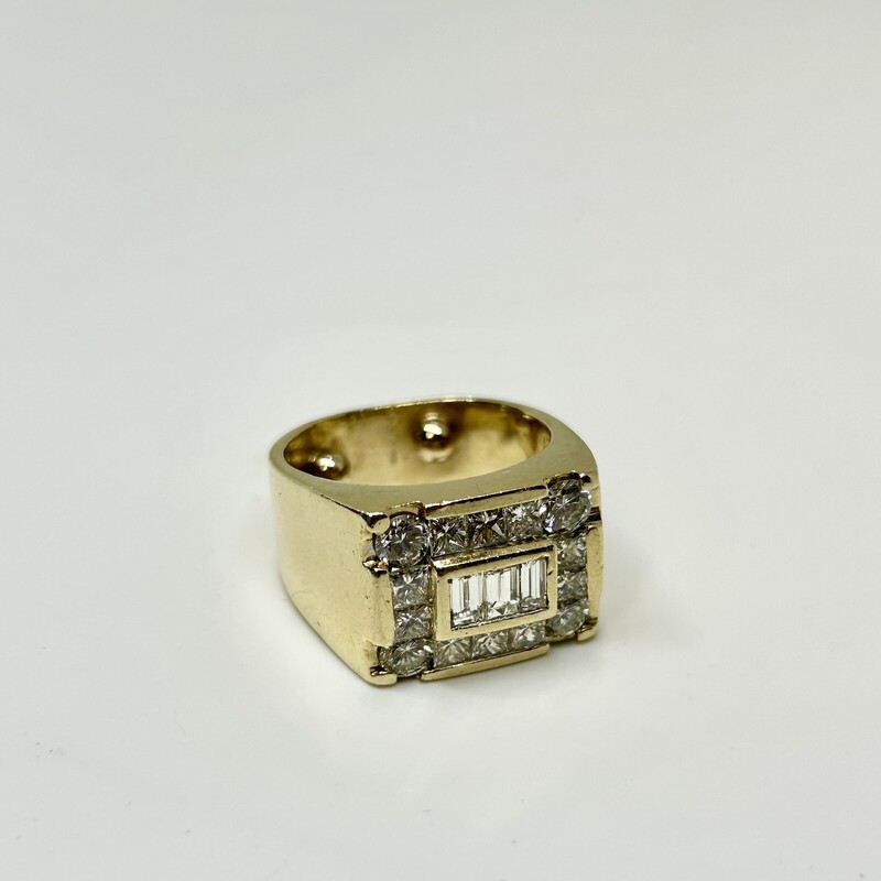 Gents diamond square ring crafted in 14k YG. Center has 3 emerald cut diamonds bezel set girdle to girdle with an approx. combined wt. of 0.70 ct. On all corners are 4 round brilliant diamonds with a combined wt. of approx. 1.33 ct. In between the round brilliants on all sides are 10 princess cut diamonds with approx. combined wt. of 1.0 ct. Diamonds have color of G/H, VS clarity. Total ring wt. 18.0 gms. Size 8.
Shipping can be arranged at buyers expense.