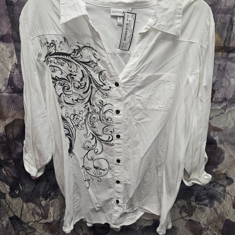 Button up white blouse with grey graphic