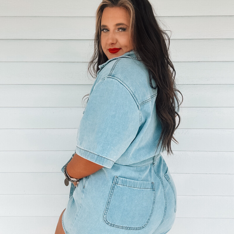 Romper season is HERE! Check out this super universal, light washed denim jumpsuit! Dress is up or go for a more casual look, either way you'll be the star of the show!<br />
This jumper seems to run pretty true to size, so it is reccomended to get your normal go-to size.<br />
Madison is wearing a size 14.