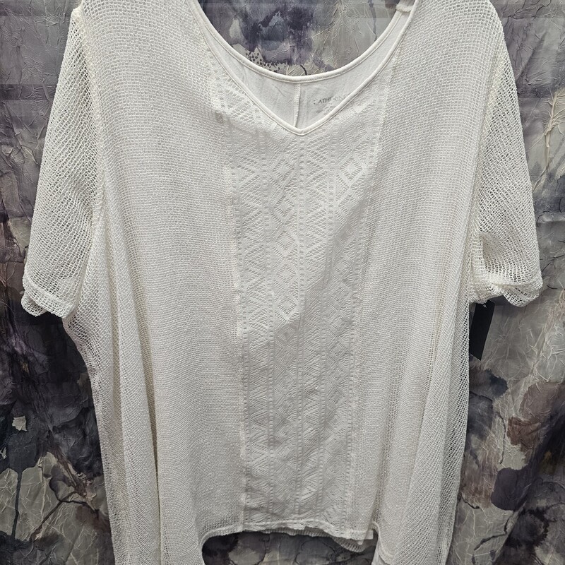 White short sleeve knit top with a beautiful mesh overlay.