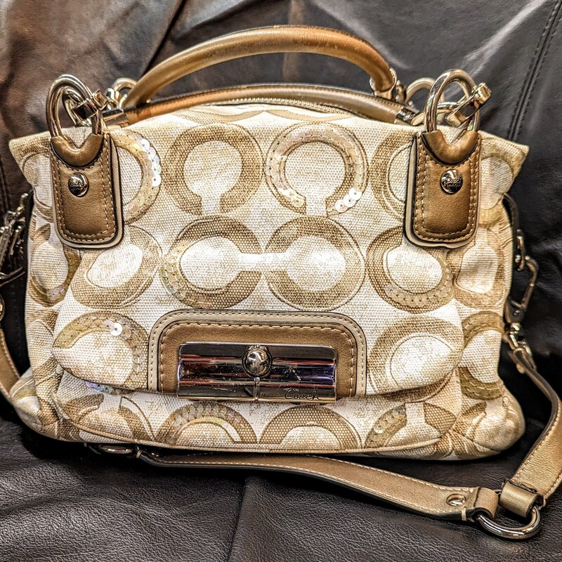 Coach Kristin Sequin Shoulder Bag
White and Gold
Size: 12x8H
