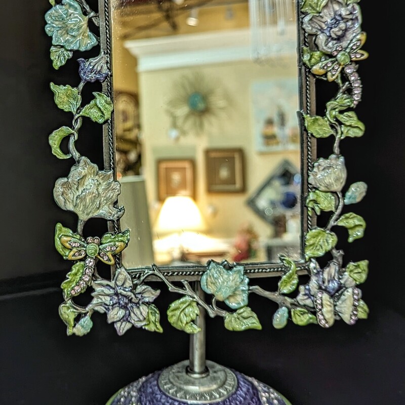 Vintage Enamel Jeweled Dragonfly Mirror
Green Purple Silver
Size: 6.5x11H