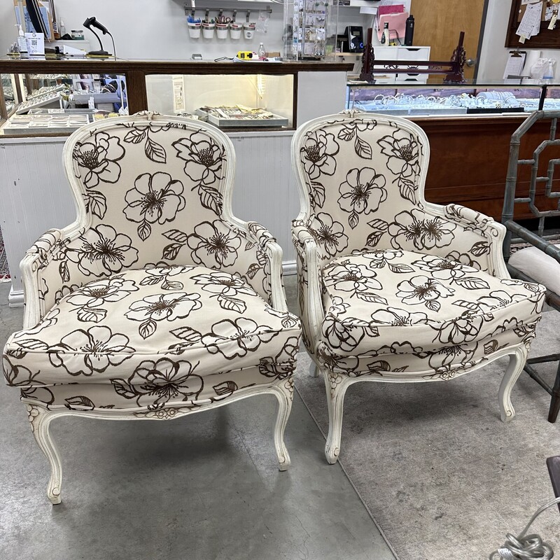 Two Custom Upholstered French Style Chairs, Brown/Cream. Sold together as a PAIR