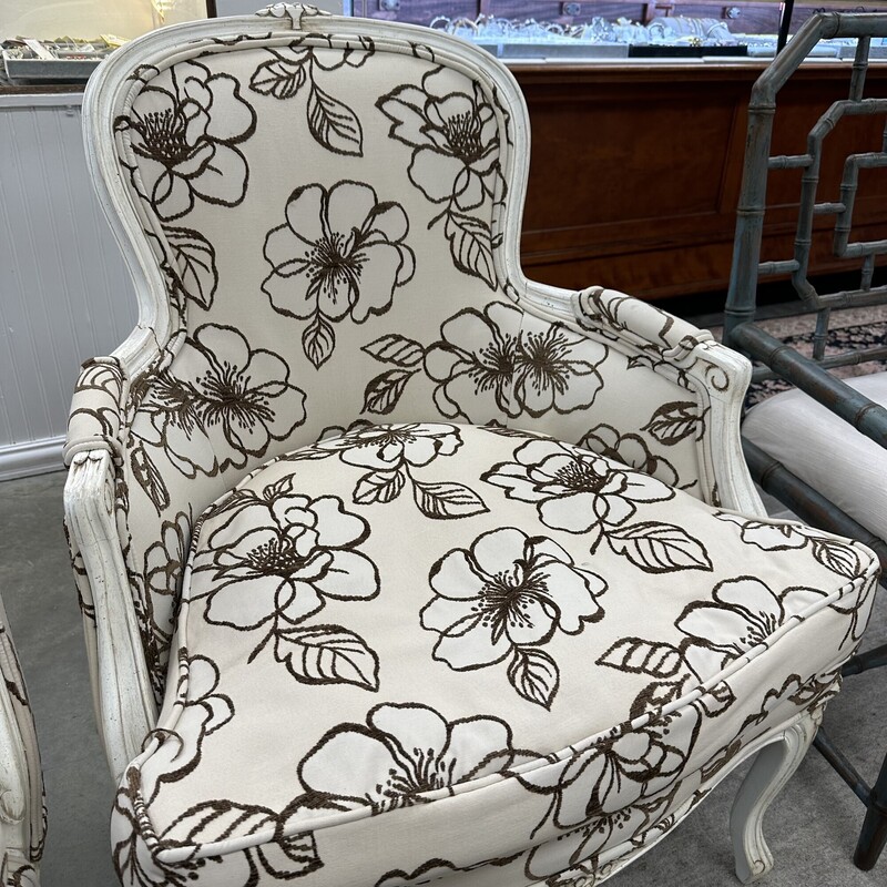 Two Custom Upholstered French Style Chairs, Brown/Cream. Sold together as a PAIR