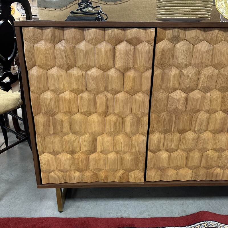Mid Century Modern Style Console Cabinet, 3 Doors. Being sold AS IS: some visible chips and one door does not fully close properly but can be repaired.<br />
Size: 51in L