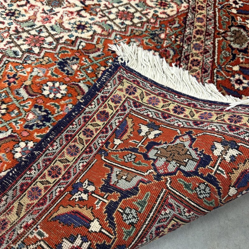 Persian Hand Knotted Rug, Orange and Blues
Size: 12x8.5 feet