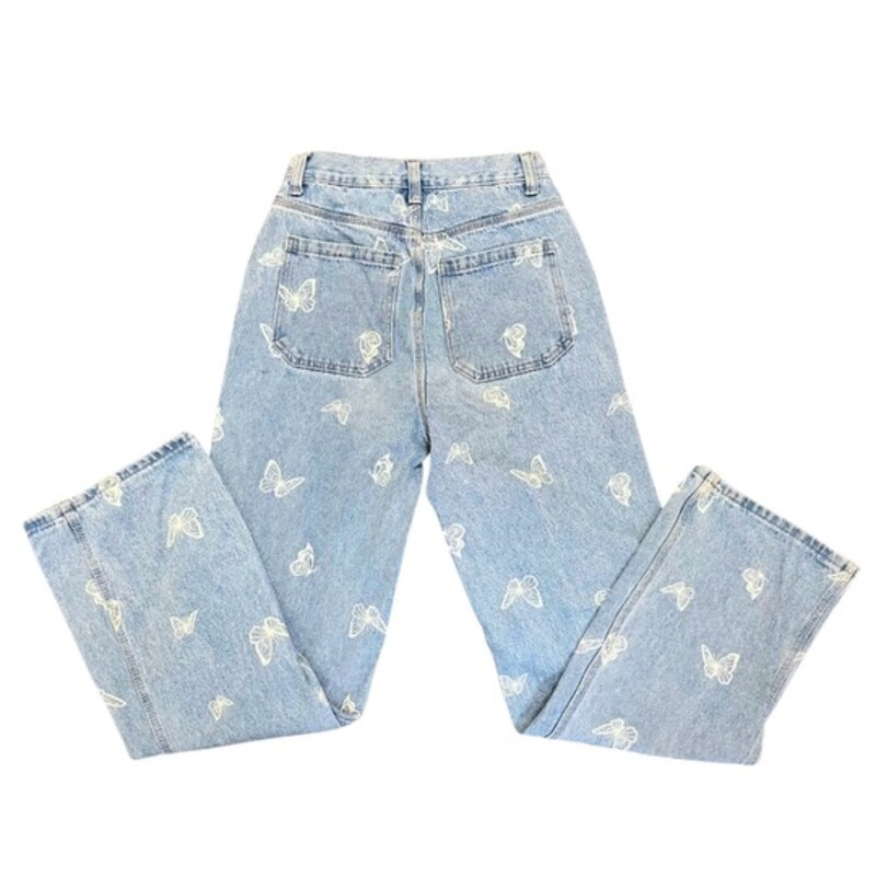 Free People Simple Society Jeans<br />
Butterfly novelty print light wash denim<br />
Wide leg baggy blue jean jeans<br />
Front and back patch pockets - 4<br />
Super high rise waist<br />
Front zip zipper and button closure<br />
Size: 0/25