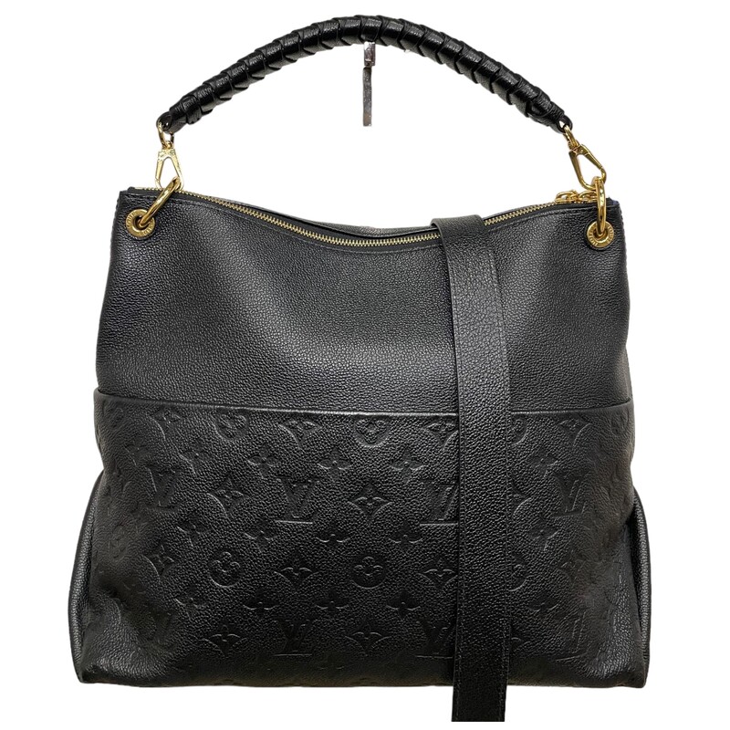 LOUIS VUITTON Empreinte Maida Hobo in Black. This chic hobo is crafted of Louis Vuitton monogram embossed calfskin leather in black. The bag features exterior front pockets, a braided leather top handle, and an optional shoulder strap with polished gold-toned hardware. The top zipper opens to a blue microfiber interior with patch pockets.<br />
<br />
Dimensions:<br />
Base length: 13 in<br />
Height: 11.25 in<br />
Width: 6.25 in<br />
Drop: 6 in<br />
Drop: 18.25 in