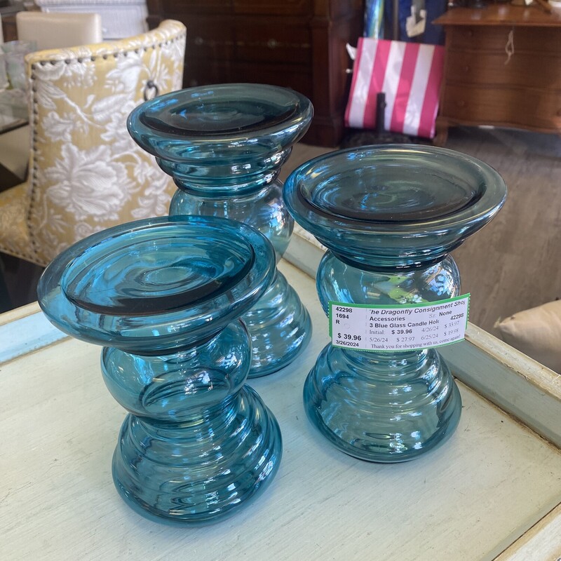3 Blue Glass Candle Holde