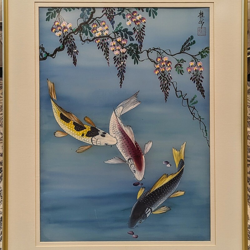 Kuei Dorman Koi Fish Floral Print
Gold Blue White
Size: 22x28H