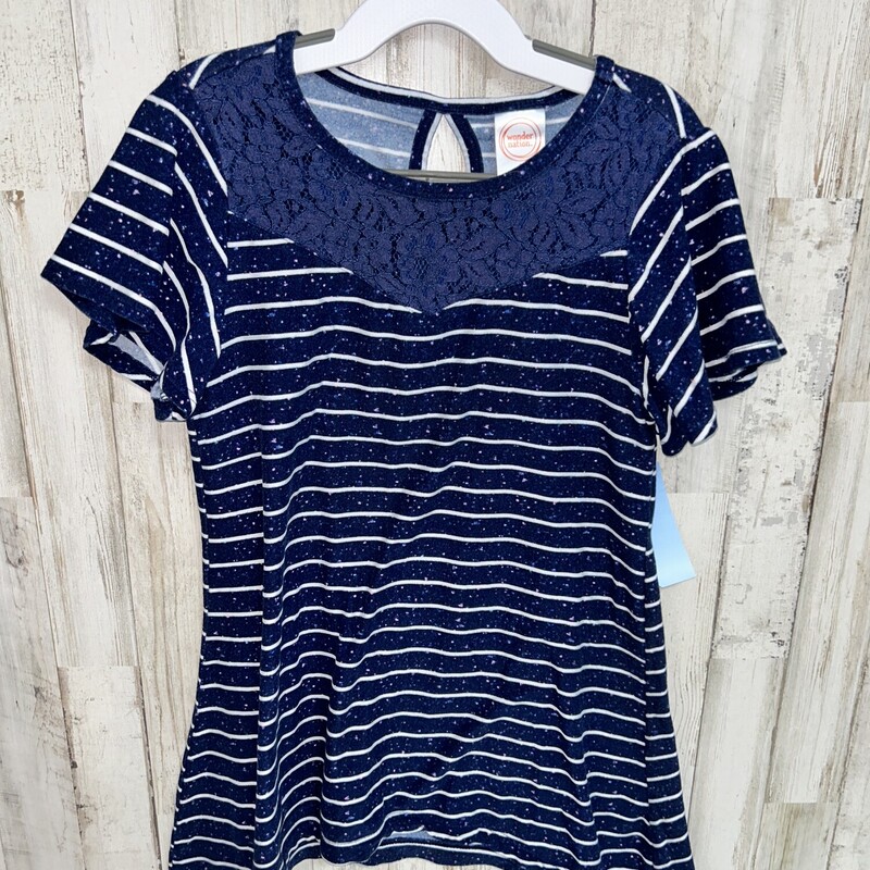 7/8 Navy Striped Lace Tee, Navy, Size: Girl 7/8
