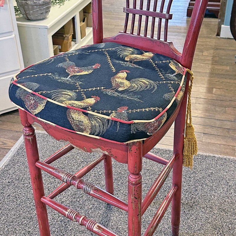 Pair Red Wood Barstools with Rooster Chair Pads
17.5 In Wide x 15.5 In Deep x 47 In Tall (Back).
Seat is 30 In Tall.