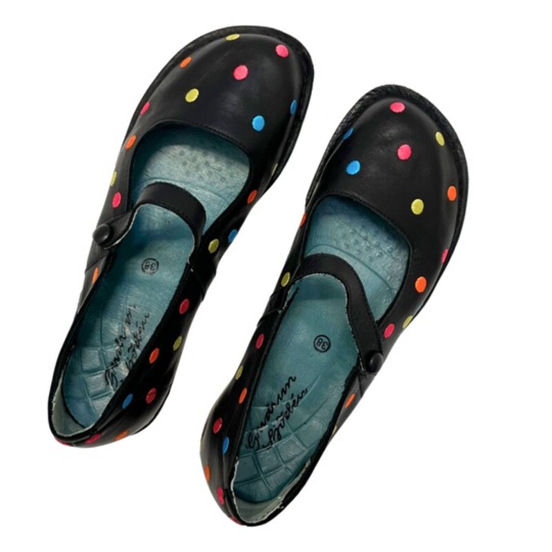 Gudrun Sjödén Mary Jane Shoes
Black Leather with Colorful Polka-Dots
Size: 7.5
