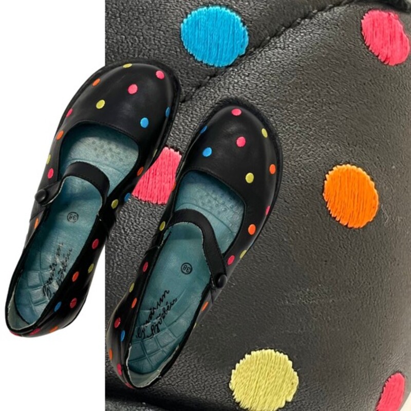 Gudrun Sjödén Mary Jane Shoes
Black Leather with Colorful Polka-Dots
Size: 7.5