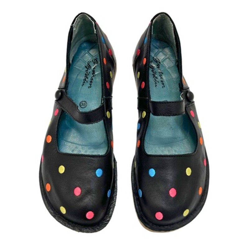 Gudrun Sjödén Mary Jane Shoes<br />
Black Leather with Colorful Polka-Dots<br />
Size: 7.5