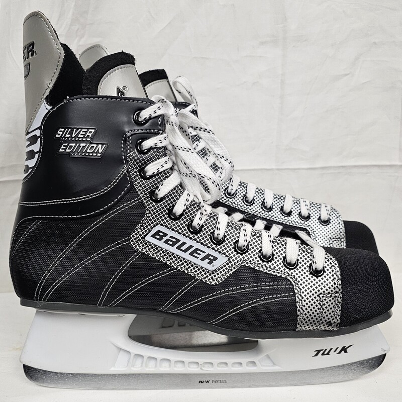 New old stock Bauer Supreme Silver Edition, Skate size 13, Shoe size 14.5<br />
This model has a vintage construction and fit for players who prefer a boot with more flex than modern composite skates.