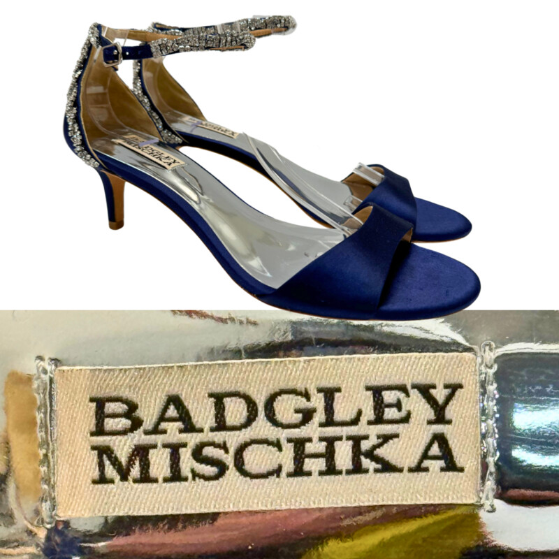 Badgley Mischka Sandals<br />
Ankle Strap<br />
Navy Satin with Rhinestones<br />
Leather Sole<br />
Kitten Heel Height: 1.97inches   (50mm)<br />
Size: 9