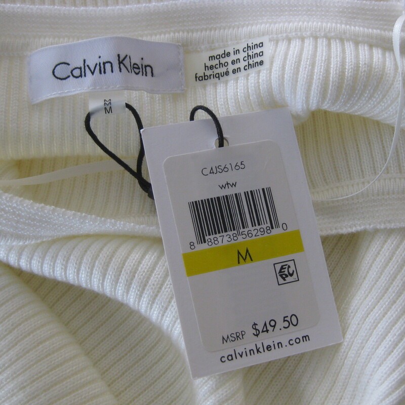 NWT Calvin Klein Slvless, White, Size: Medium<br />
Simple wardrobe staple From Calvin Klein<br />
Brand new with tags attached.<br />
White ribbed knit<br />
100% acrylic - stretchy<br />
Size M<br />
<br />
Here are the flat measurements, please double where appropriate:<br />
Armpit to armpit: 17<br />
Width at Hem: 17<br />
Length: 23<br />
<br />
Excellent brand new  condition, no flaws.<br />
<br />
Thanks for looking<br />
#69760
