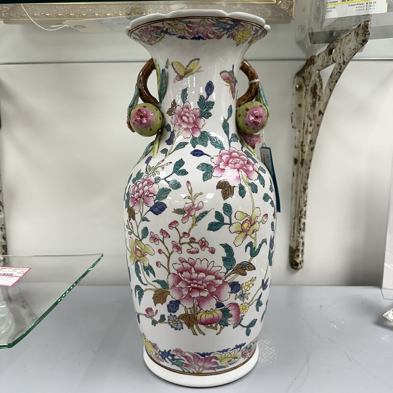 Floral Asian Vase, White/Pink/Green
Size: 16in